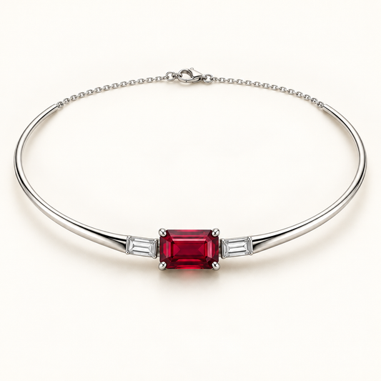 MISSISSI east-west emerald-cut lab-grown ruby collar necklace with two baguette lab-grown diamonds in white gold; design visualization
