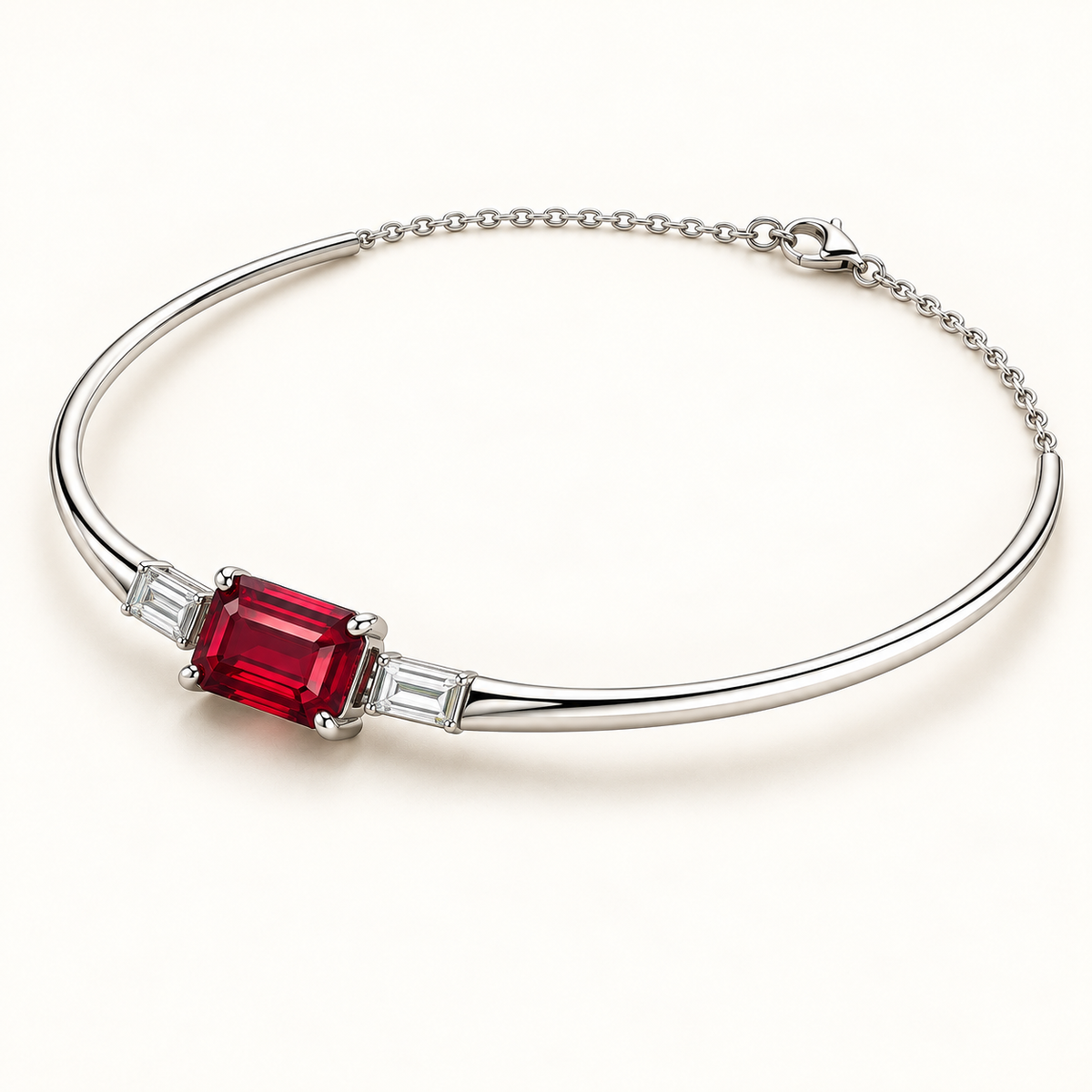 Three-quarter view of MISSISSI emerald-cut lab-grown ruby white gold collar necklace; design visualization