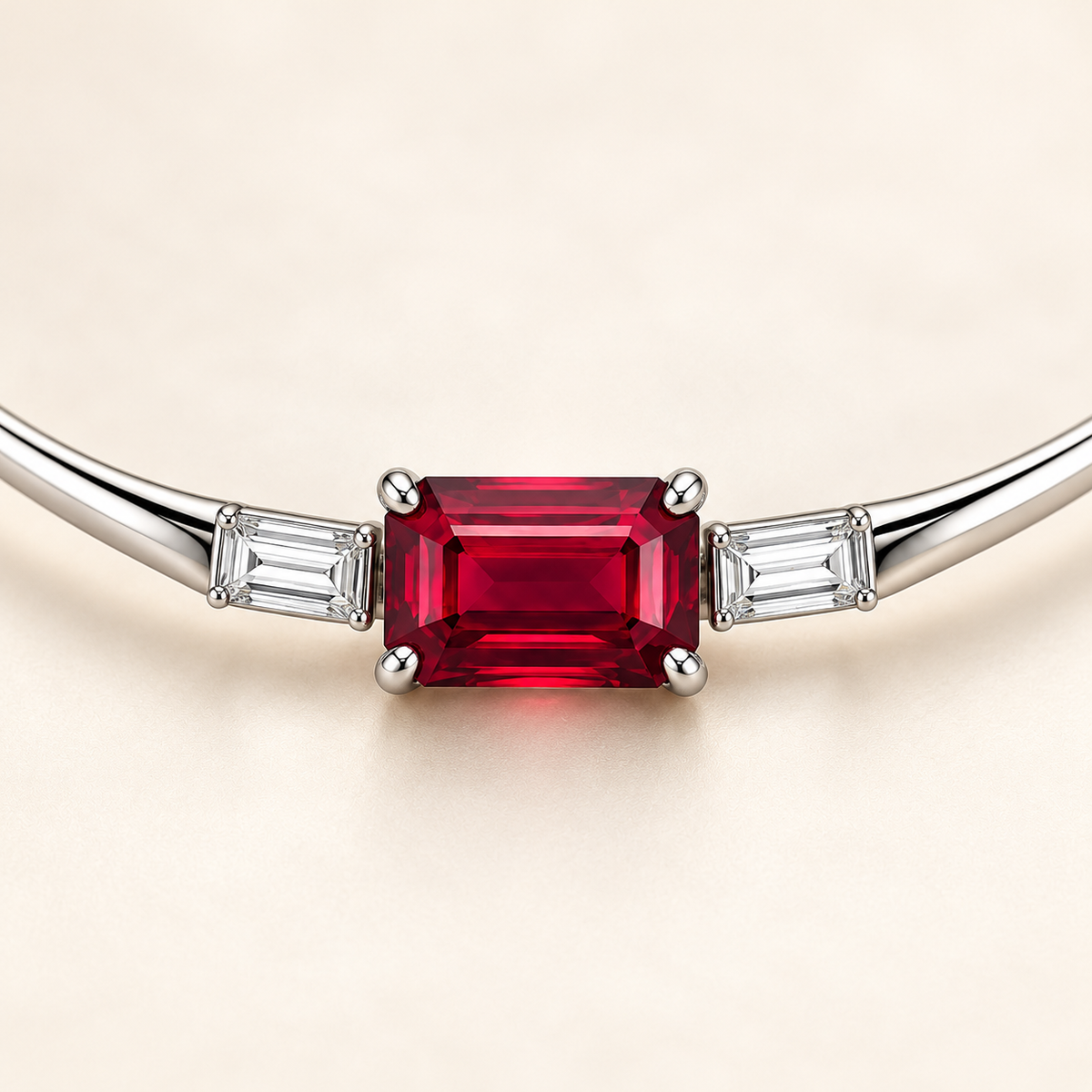 Macro detail of emerald-cut lab-grown ruby and two baguette lab-grown diamonds; design visualization