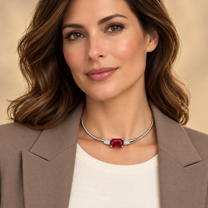 MISSISSI white gold ruby collar necklace worn at the neckline; design visualization