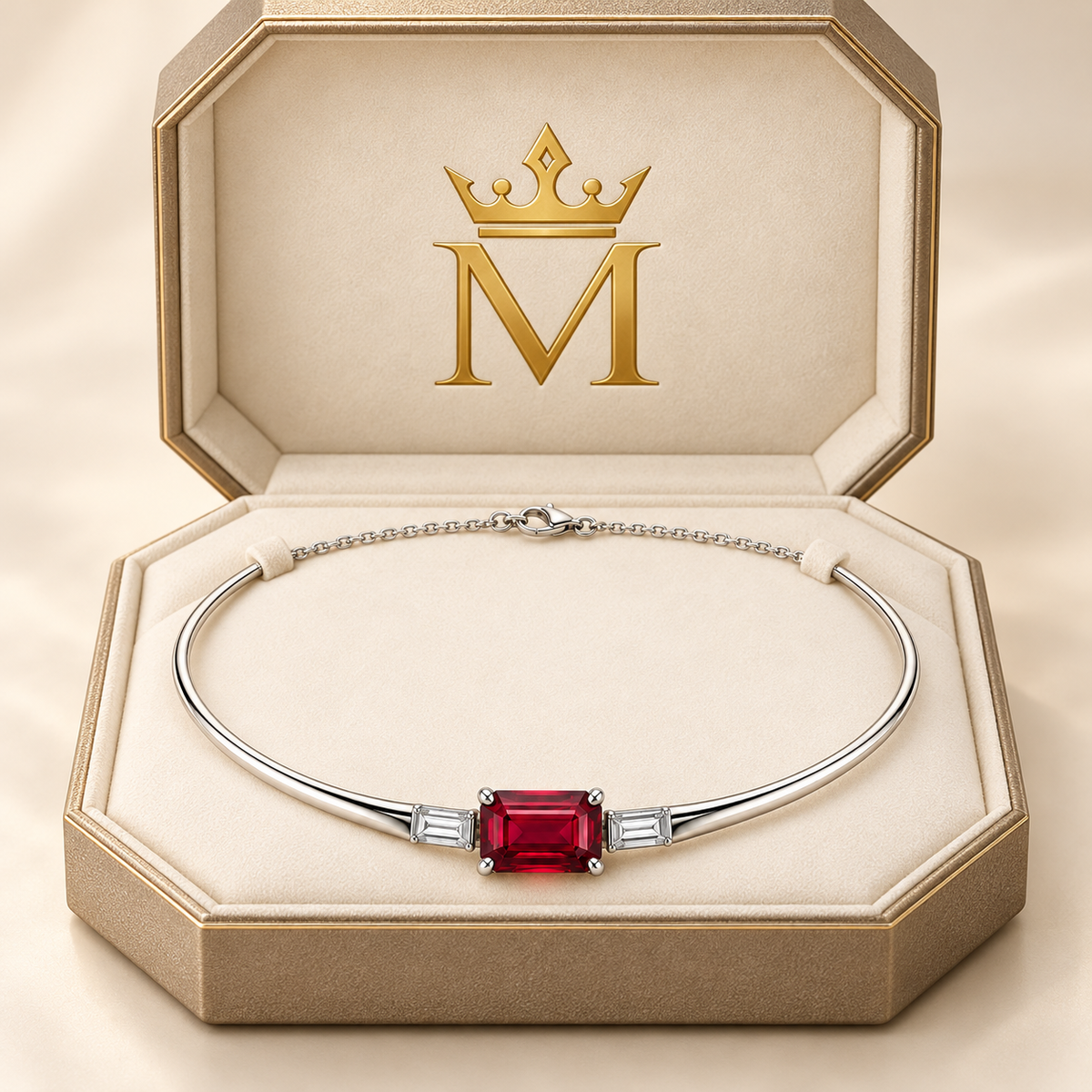 MISSISSI ruby collar necklace in a champagne octagonal crown-M box; design visualization