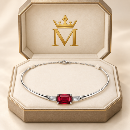 MISSISSI ruby collar necklace in a champagne octagonal crown-M box; design visualization