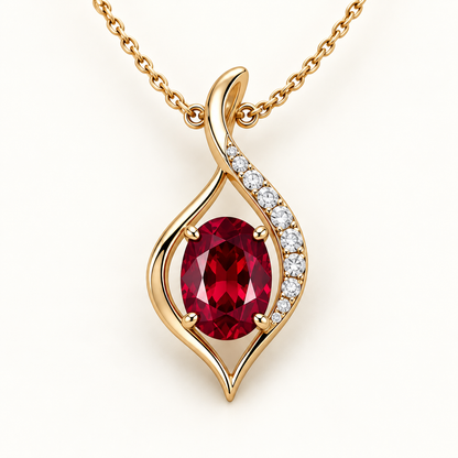 MISSISSI oval lab-grown ruby ribbon pendant with lab-grown diamonds in yellow gold; design visualization