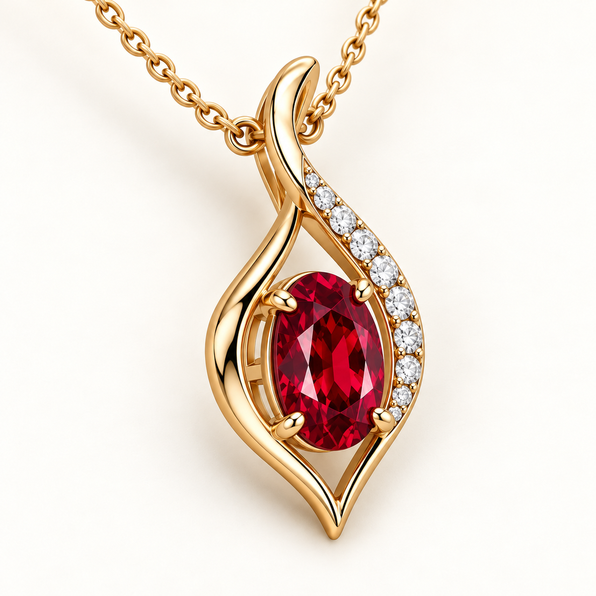 Three-quarter view of MISSISSI oval ruby ribbon pendant and connected setting; design visualization