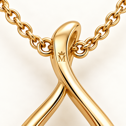 Rear chain connection and crown-M engraving detail of MISSISSI ribbon pendant; design visualization
