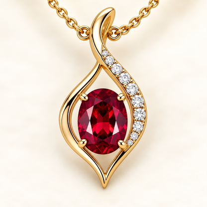 Macro of oval lab-grown ruby and graduated round lab-grown diamonds; design visualization