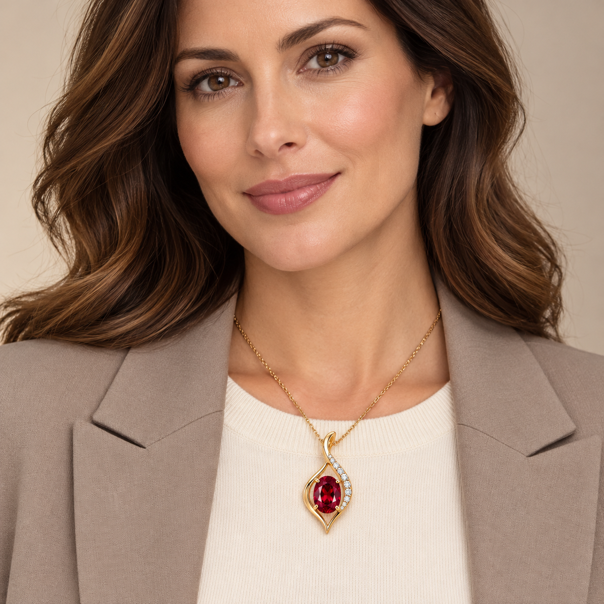 MISSISSI oval ruby ribbon necklace worn over an ivory top; design visualization