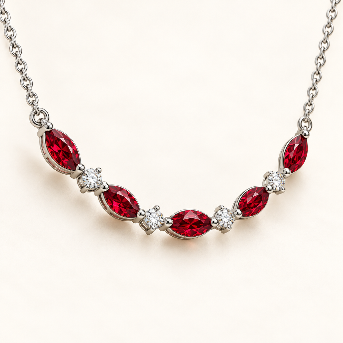 Three-quarter view of MISSISSI marquise lab-grown ruby and round lab-grown diamond white gold necklace; design visualization