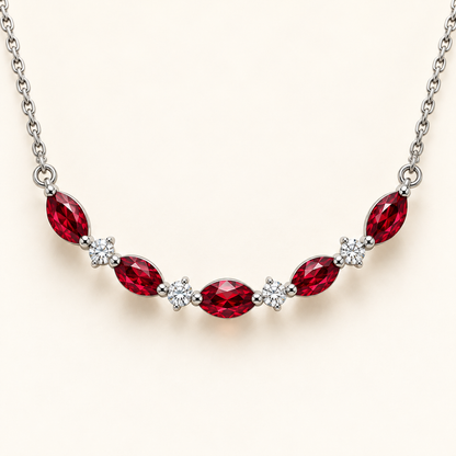 Macro setting detail of MISSISSI marquise lab-grown ruby and round lab-grown diamond white gold necklace; design visualization