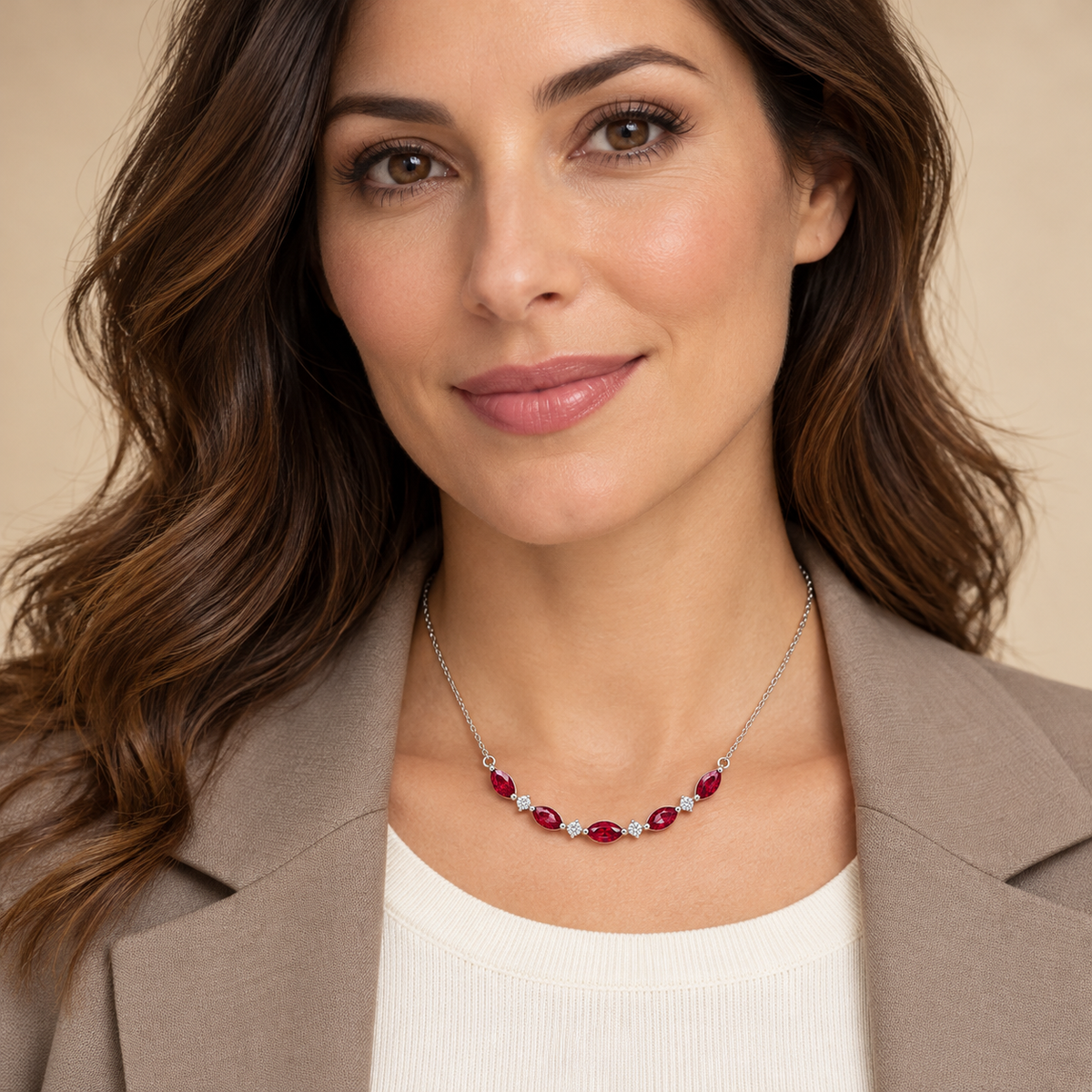 Wearing visualization of MISSISSI marquise lab-grown ruby and round lab-grown diamond white gold necklace; design visualization