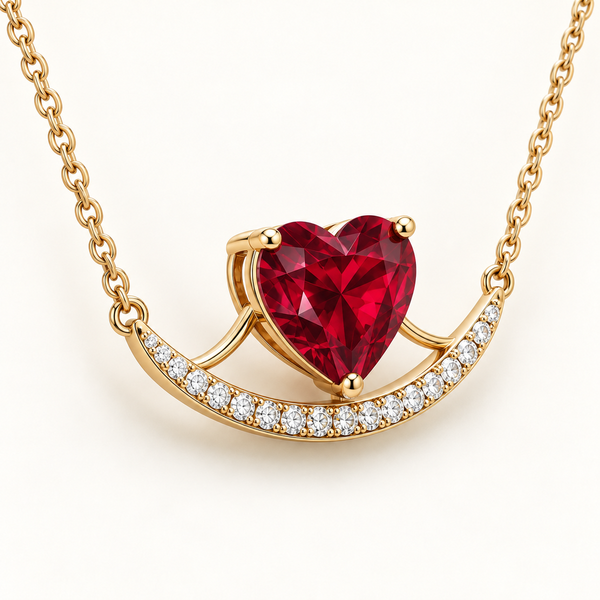 Three-quarter view of MISSISSI heart lab-grown ruby double-curve yellow gold necklace with lab-grown diamonds; design visualization
