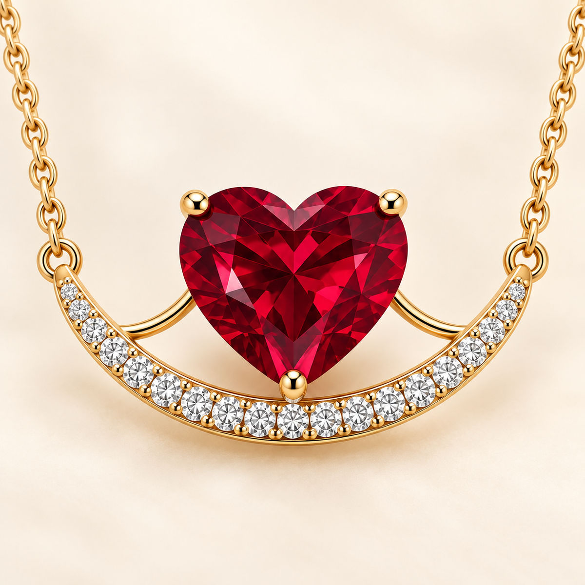Macro setting detail of MISSISSI heart lab-grown ruby double-curve yellow gold necklace with lab-grown diamonds; design visualization