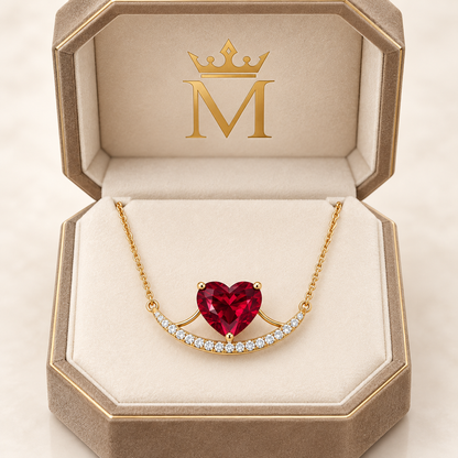 Champagne octagonal crown-M presentation box with MISSISSI heart lab-grown ruby double-curve yellow gold necklace with lab-grown diamonds; design visualization