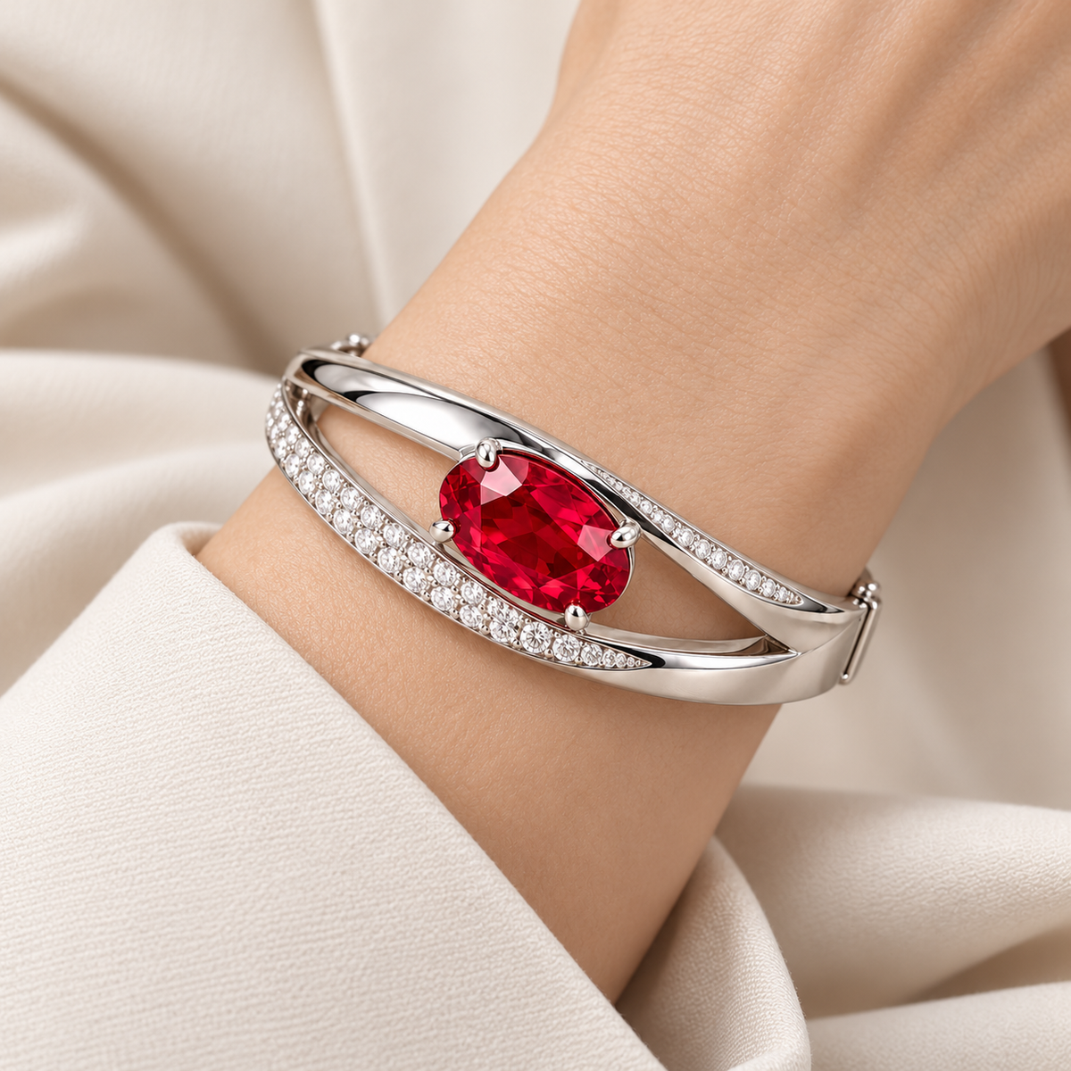 MISSISSI HR26-B17 lab-grown ruby bangle, worn on a wrist. Design visualization.