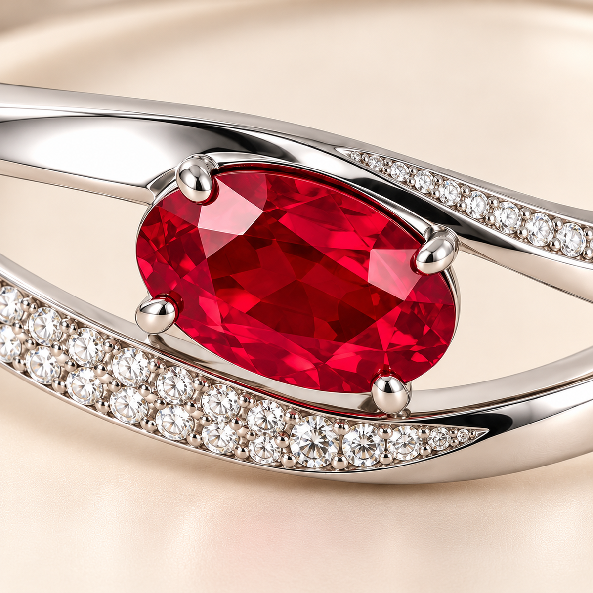 MISSISSI HR26-B17 lab-grown ruby bangle, front setting detail. Design visualization.