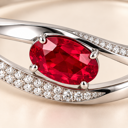 MISSISSI HR26-B17 lab-grown ruby bangle, front setting detail. Design visualization.