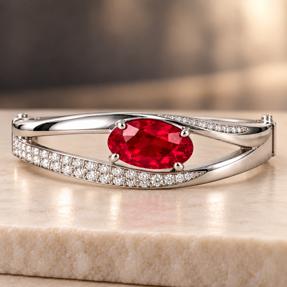 MISSISSI HR26-B17 lab-grown ruby bangle, oblique whole view. Design visualization.