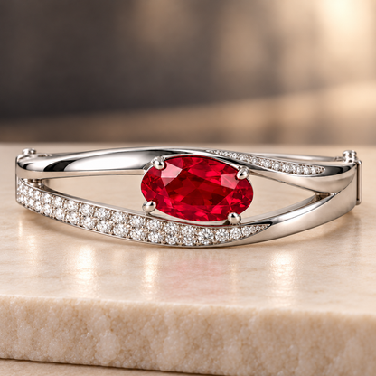 MISSISSI HR26-B17 lab-grown ruby bangle, oblique whole view. Design visualization.