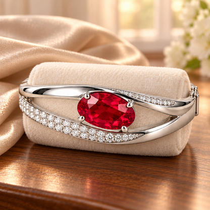 MISSISSI HR26-B17 lab-grown ruby bangle, styled scene. Design visualization.