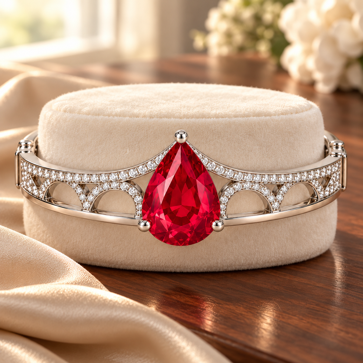 MISSISSI HR26-B19 lab-grown ruby bangle, styled scene. Design visualization.