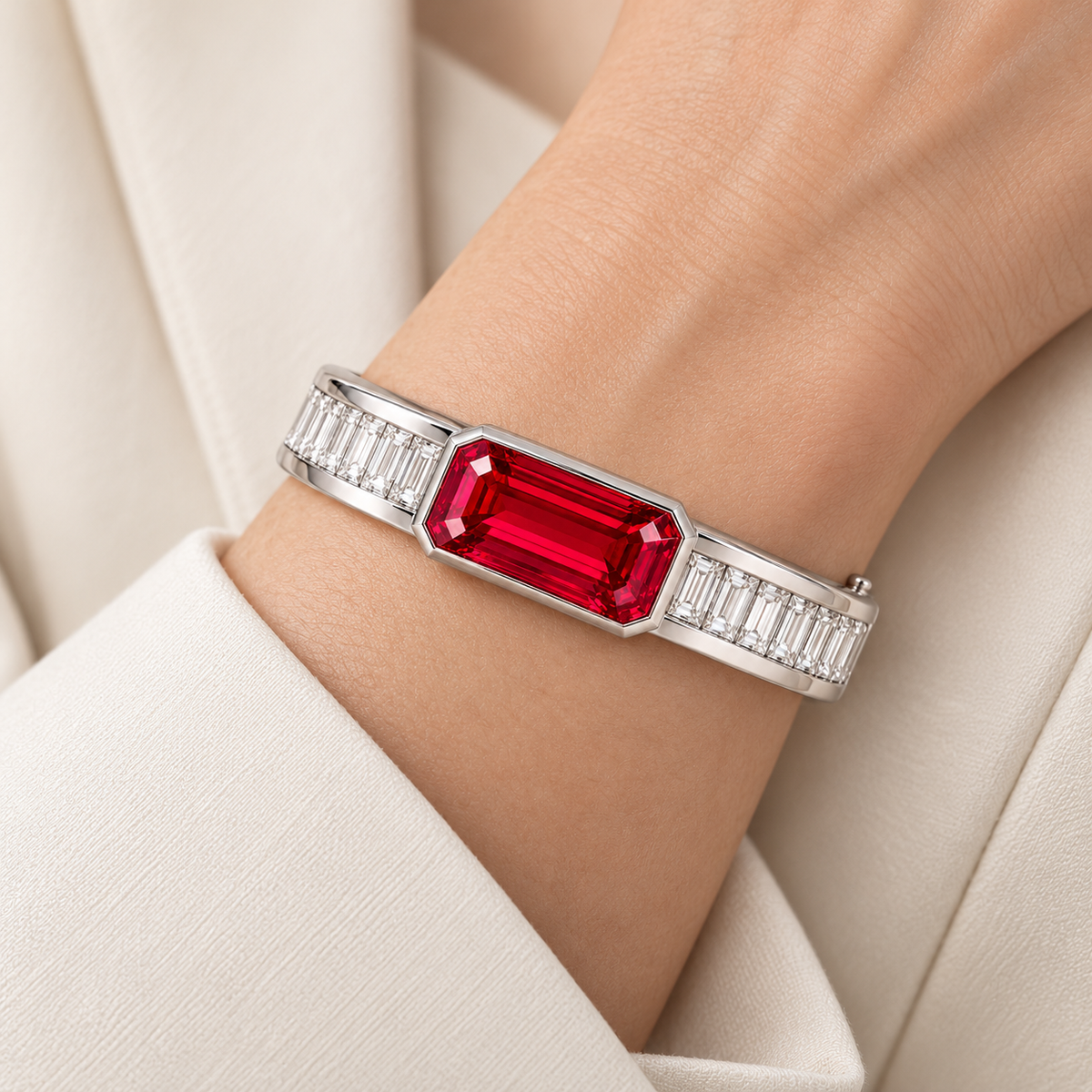 MISSISSI HR26-B20 lab-grown ruby bangle, worn on a wrist. Design visualization.