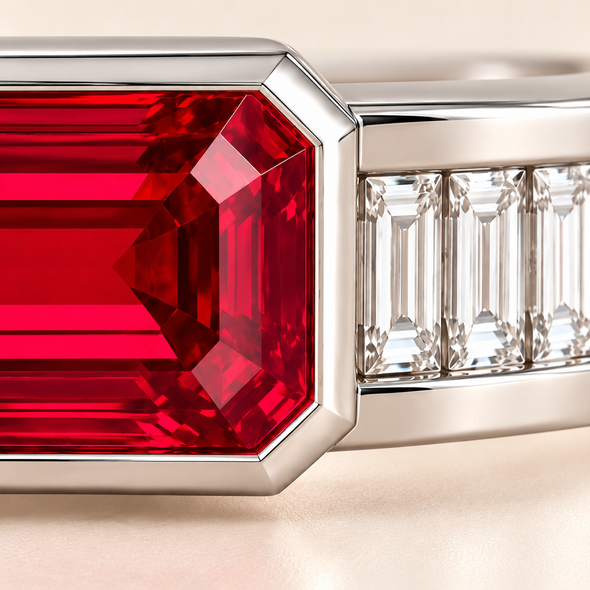 MISSISSI HR26-B20 lab-grown ruby bangle, front setting detail. Design visualization.