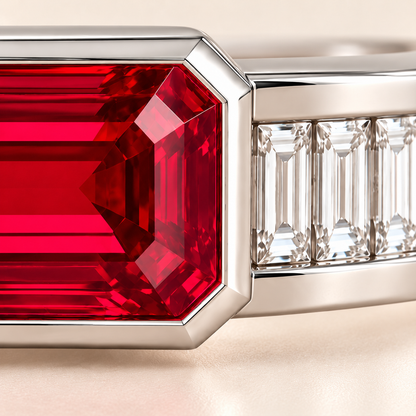 MISSISSI HR26-B20 lab-grown ruby bangle, front setting detail. Design visualization.