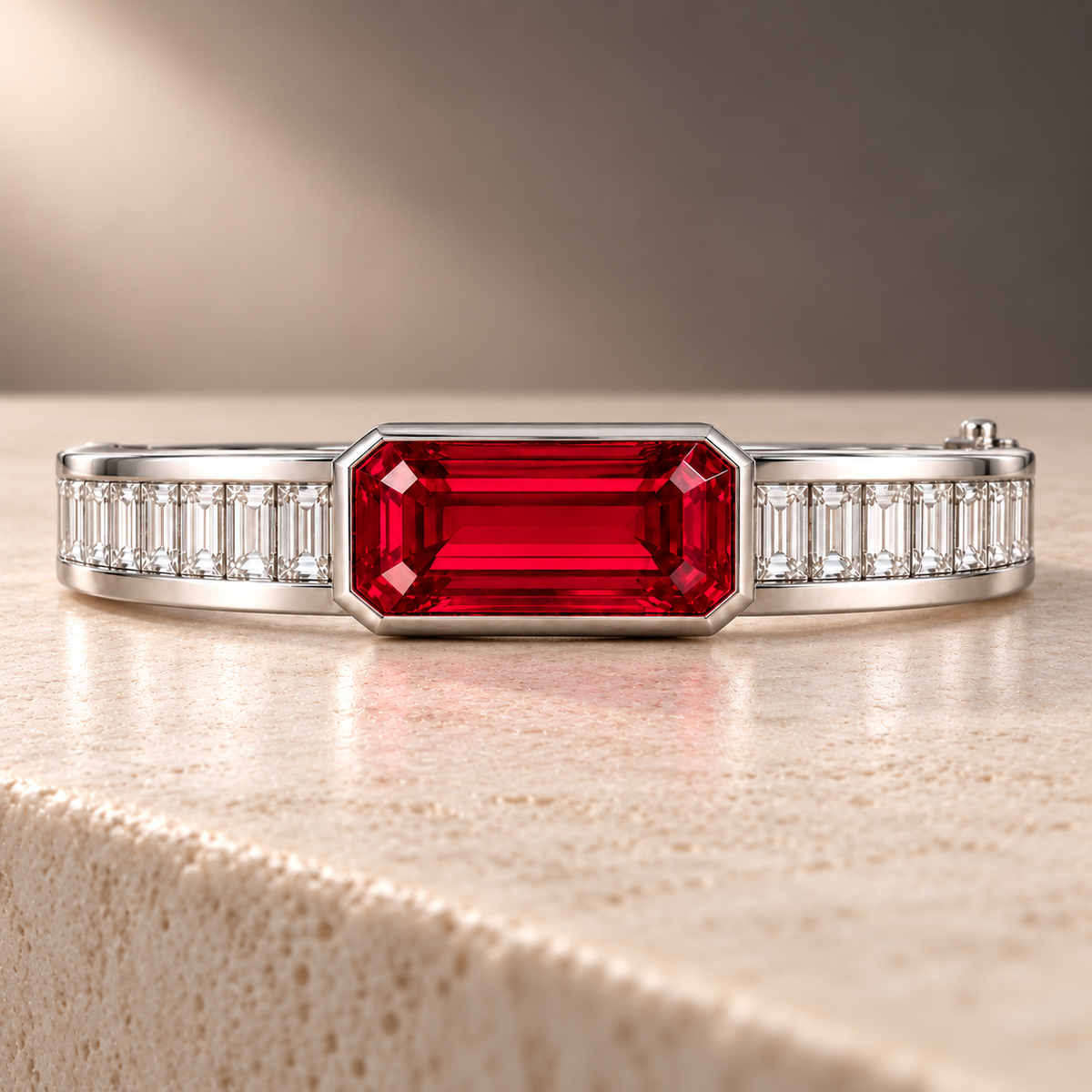 MISSISSI HR26-B20 lab-grown ruby bangle, oblique whole view. Design visualization.