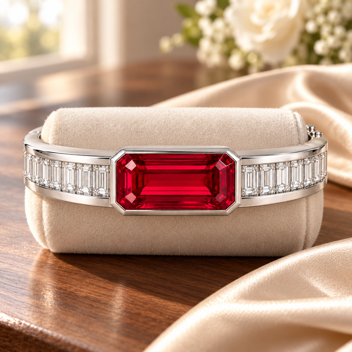 MISSISSI HR26-B20 lab-grown ruby bangle, styled scene. Design visualization.