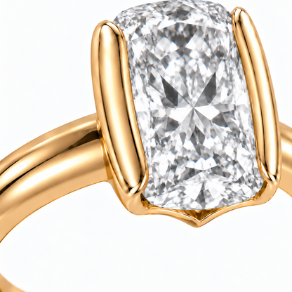 MISSISSI Embrace 5 ct Elongated Cushion-Cut Lab-Grown Diamond Ring, half-bezel setting detail. Design visualization.