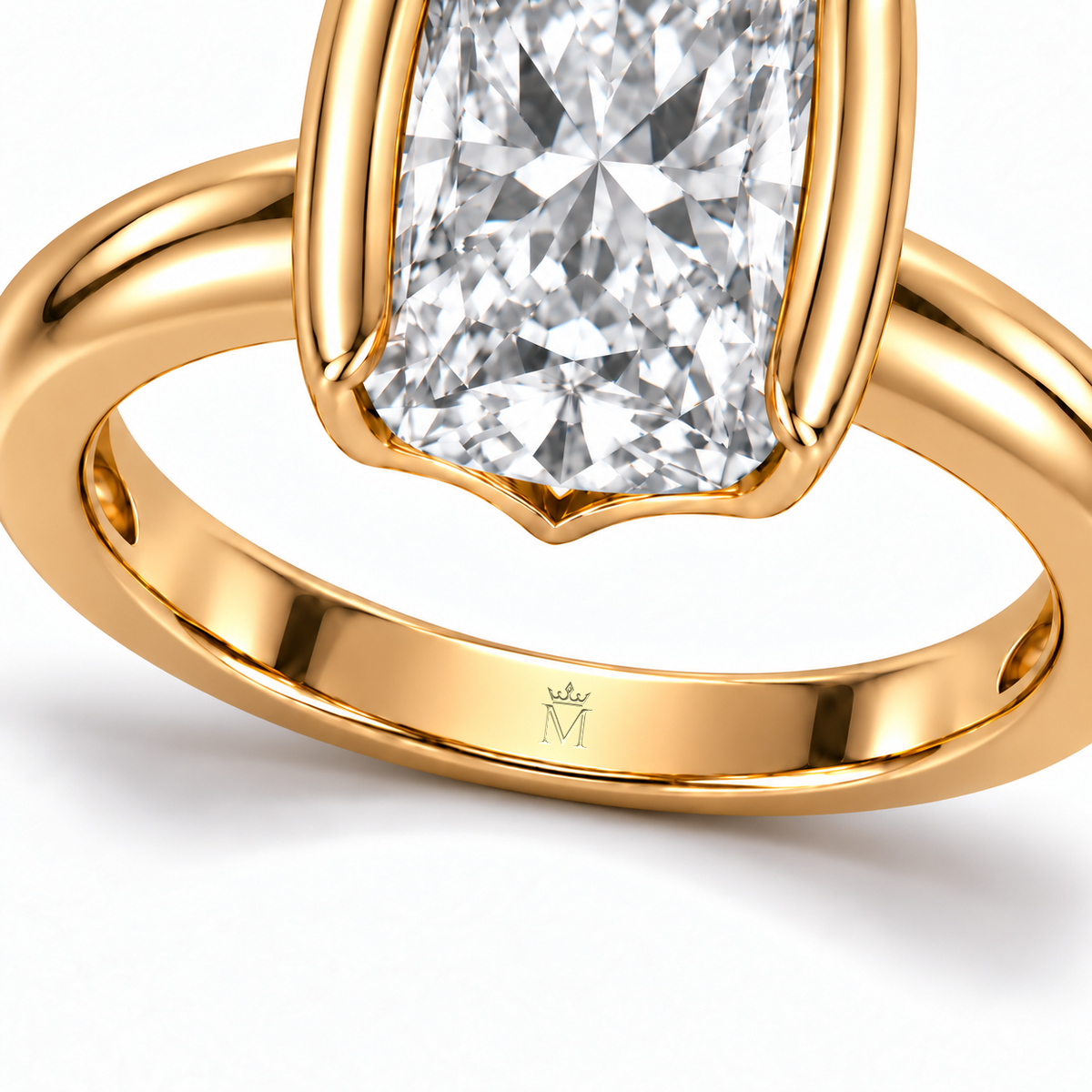 MISSISSI Embrace 5 ct Elongated Cushion-Cut Lab-Grown Diamond Ring, inner-band crown and M engraving detail. Design visualization.