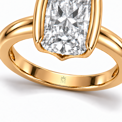 MISSISSI Embrace 5 ct Elongated Cushion-Cut Lab-Grown Diamond Ring, inner-band crown and M engraving detail. Design visualization.