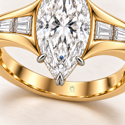 MISSISSI LUMEN Marquise Lab-Grown Diamond Ring | 7 ct Design Target, inner-band crown and M engraving detail. Design visualization.