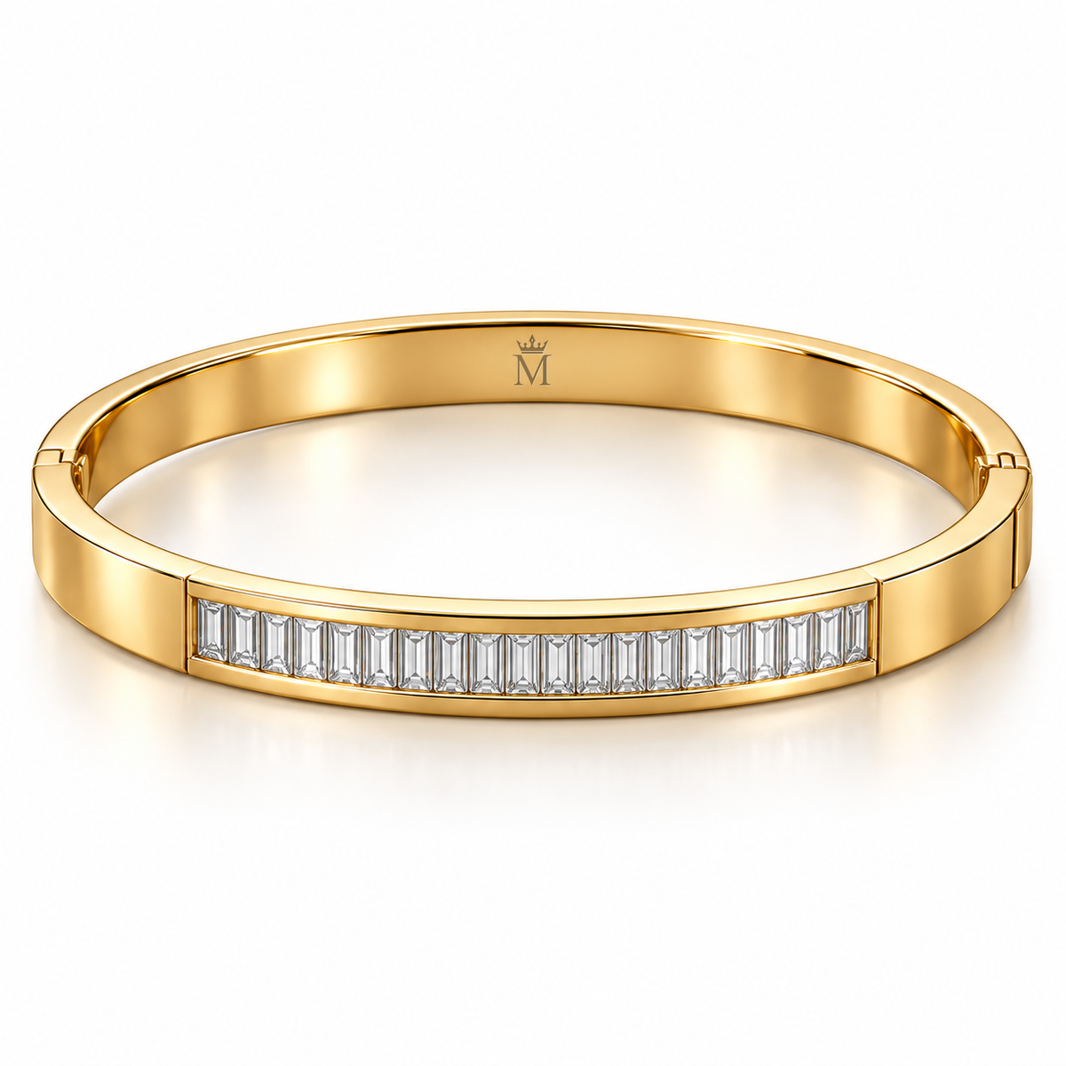 LINEA bangle design visualization with a polished yellow-gold-tone oval band and channel-set baguette stones, white background
