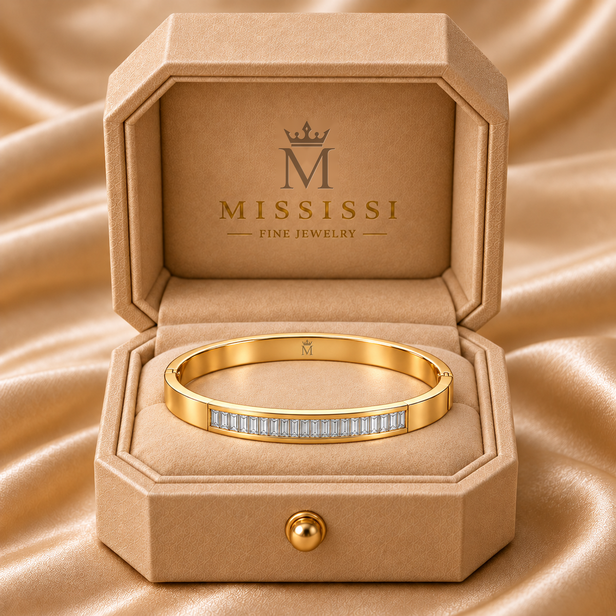 LINEA bangle in a champagne octagonal MISSISSI jewelry box; design visualization