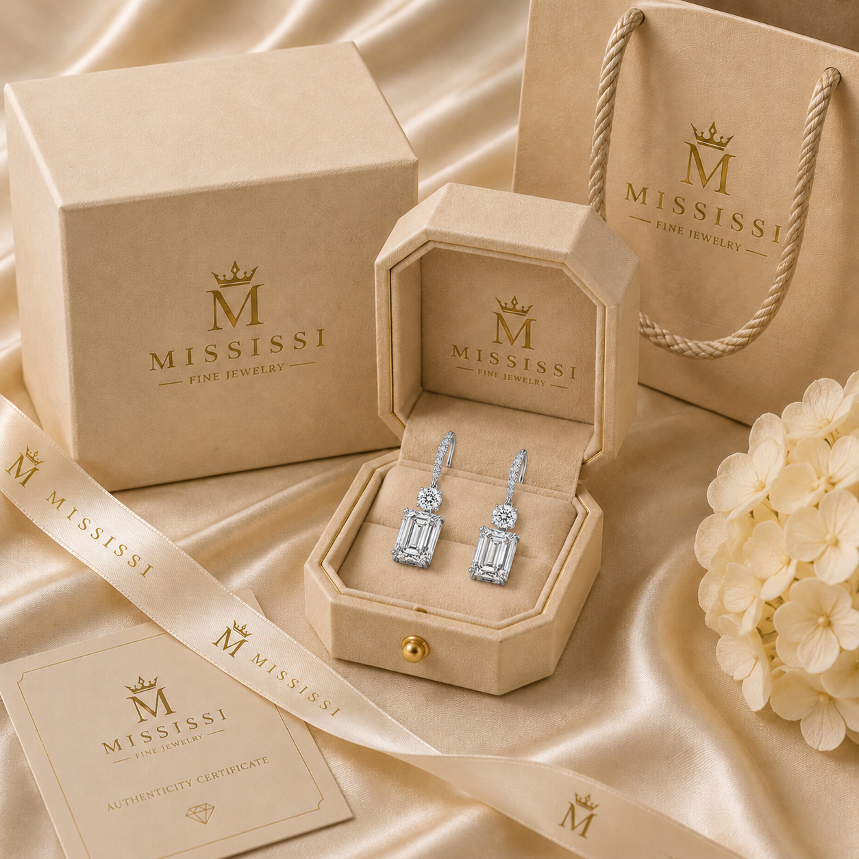 Luxury platinum emerald cut diamond drop earrings featuring D color VVS lab grown diamonds.