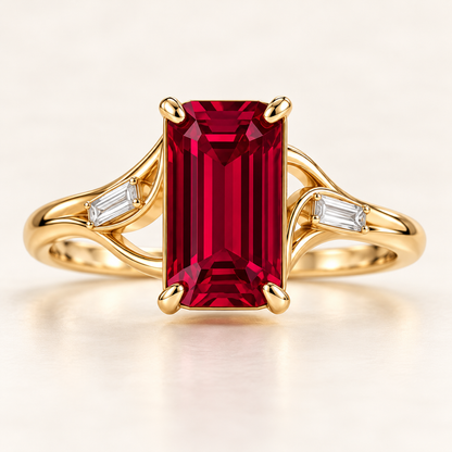 MISSISSI Crimson Ribbon lab-grown ruby ring in yellow gold with two baguette lab-grown diamond accents, main front view.