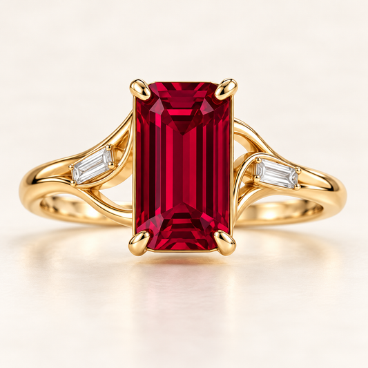 MISSISSI Crimson Ribbon lab-grown ruby ring in yellow gold with two baguette lab-grown diamond accents, main front view.
