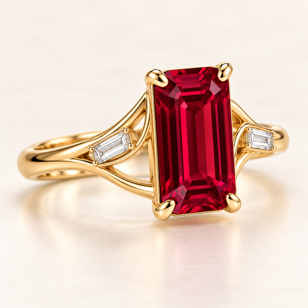 MISSISSI Crimson Ribbon lab-grown ruby ring in yellow gold with two baguette lab-grown diamond accents, three-quarter view.