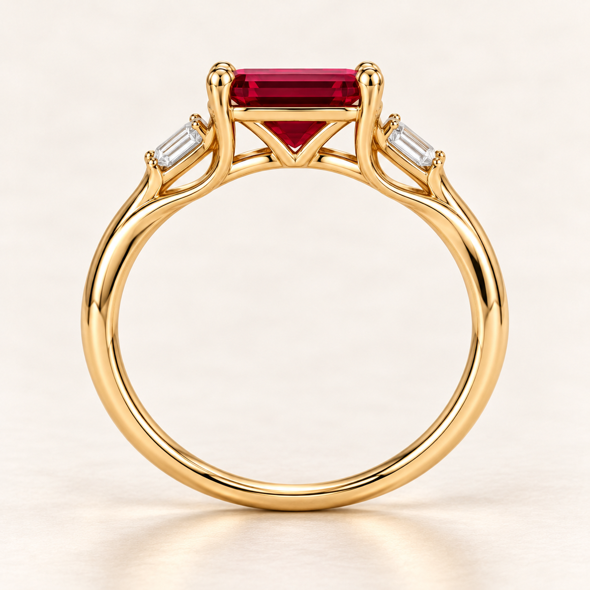 MISSISSI Crimson Ribbon lab-grown ruby ring in yellow gold with two baguette lab-grown diamond accents, side setting visualization.