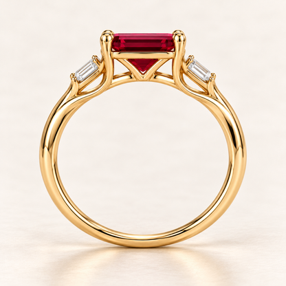 MISSISSI Crimson Ribbon lab-grown ruby ring in yellow gold with two baguette lab-grown diamond accents, side setting visualization.