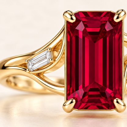 MISSISSI Crimson Ribbon lab-grown ruby ring in yellow gold with two baguette lab-grown diamond accents, craftsmanship macro.