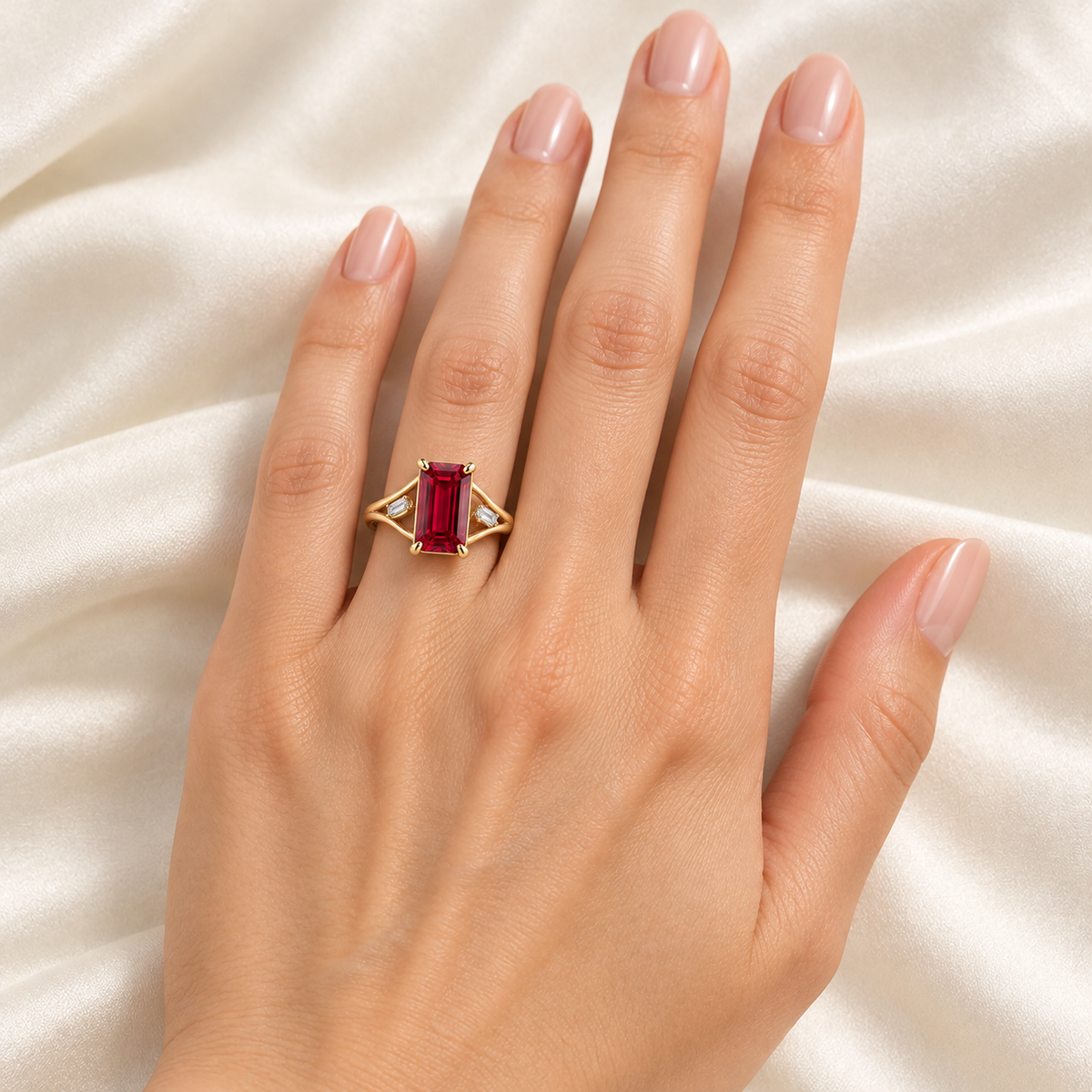 MISSISSI Crimson Ribbon lab-grown ruby ring in yellow gold with two baguette lab-grown diamond accents, left-hand wearing visualization.