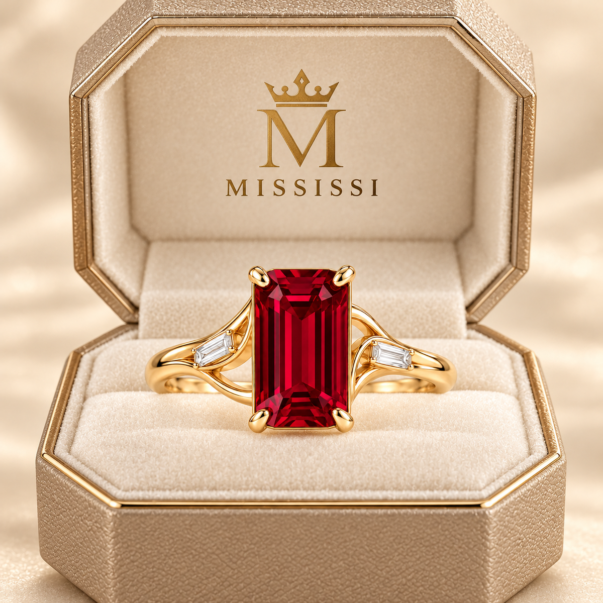 MISSISSI Crimson Ribbon lab-grown ruby ring in yellow gold with two baguette lab-grown diamond accents, champagne octagonal packaging visualization.