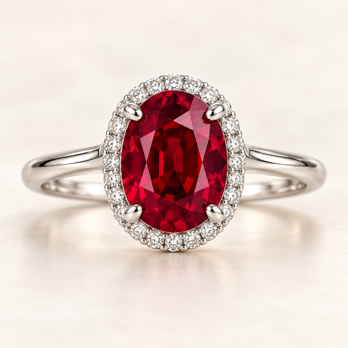 MISSISSI Tulip Glow oval lab-grown ruby halo ring in white gold with round lab-grown diamonds, main front view.