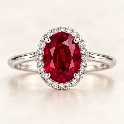MISSISSI Tulip Glow oval lab-grown ruby halo ring in white gold with round lab-grown diamonds, main front view.