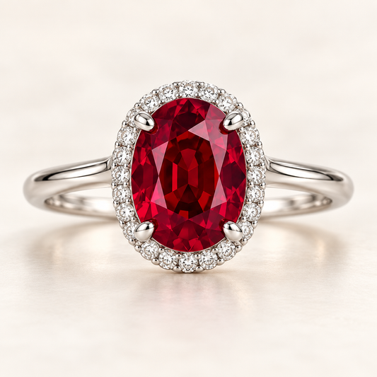 MISSISSI Tulip Glow oval lab-grown ruby halo ring in white gold with round lab-grown diamonds, main front view.