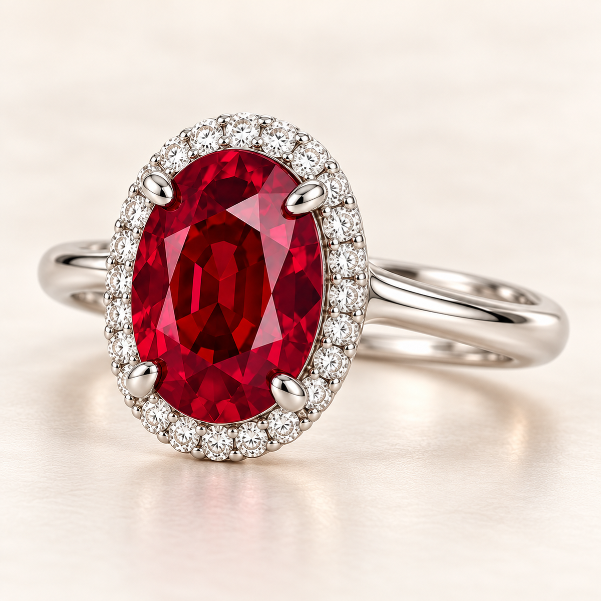 MISSISSI Tulip Glow oval lab-grown ruby halo ring in white gold with round lab-grown diamonds, three-quarter view.