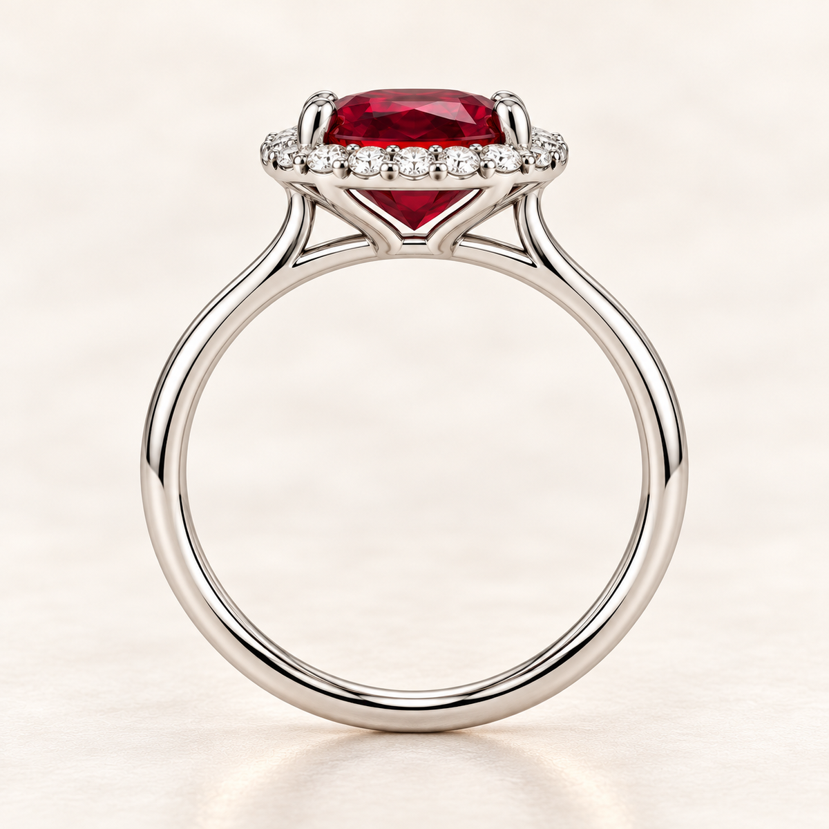 MISSISSI Tulip Glow oval lab-grown ruby halo ring in white gold with round lab-grown diamonds, side setting visualization.