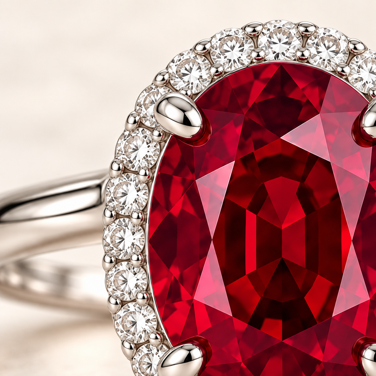 MISSISSI Tulip Glow oval lab-grown ruby halo ring in white gold with round lab-grown diamonds, craftsmanship macro.